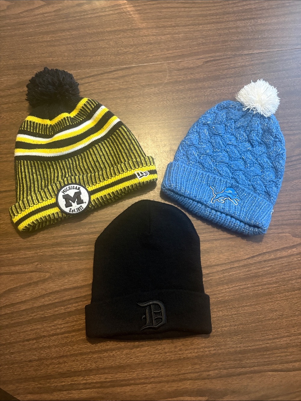 Three Knit Pom Beanies New Era UofM NFL Detroit Lions D Hats